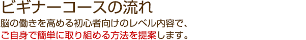 ビギナーコースの流れ。脳の働きを高める初心者向けのレベル内容で、ご自身で簡単に取り組める方法を提案します。